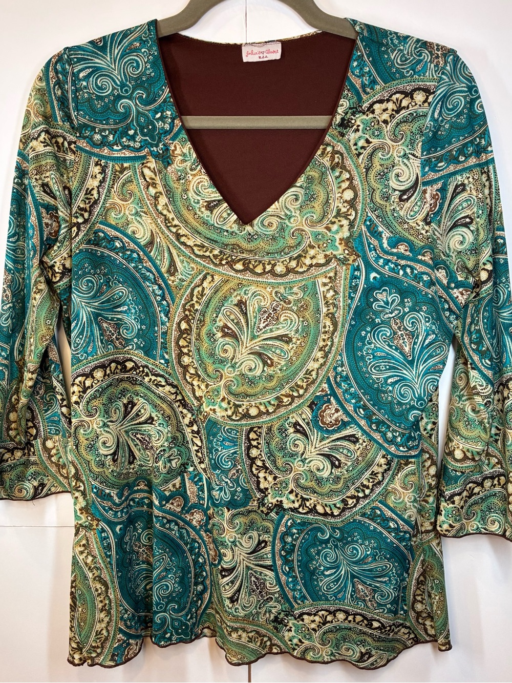 Julie’s Closet Paisley Print Blouse Teal Brown V-Neck 3/4 Sleeve Boho Size Large